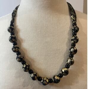 Vintage Gold Foil Glass Beads Black & Gold Tone Beads Necklace -Adj Length